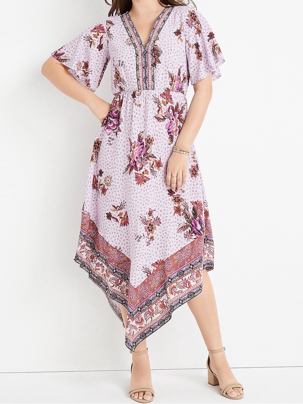Maurices Purple Floral Midi Dress Short Flutter Sleeves, Asymmetrical Hemline SM